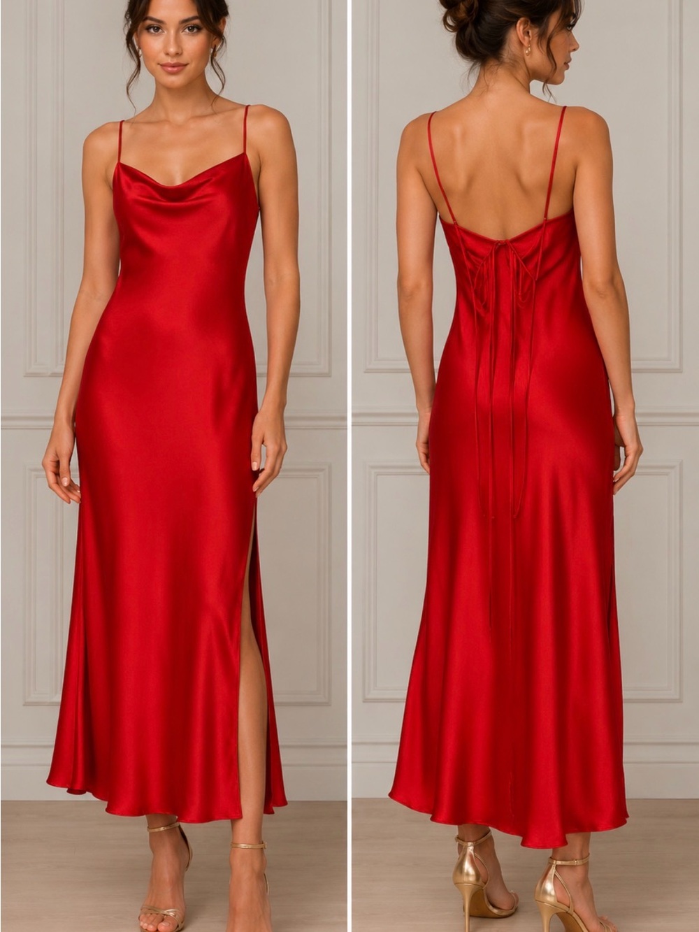 ASTR The Label Red Satin Cowl Neck Slip Dress Size L NWT
